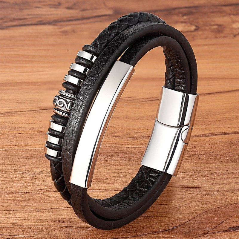 TYO Fashion Stainless Steel Charm Magnetic Black Men Bracelet Leather Genuine Braided Punk Rock Bangles Jewelry Accessories