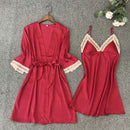Satin Robe Set Sexy Female Sleepwear Kimono Bathrobe Lace Trim Bride Bridesmaid Dressing Gown Casual Nightgown