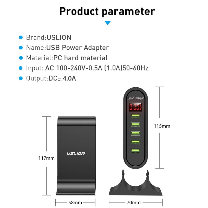 USLION 5 Port USB Charger For Xiaomi LED Display Multi USB Charging Station Universal Phone Desktop Wall Home EU US UK Plug