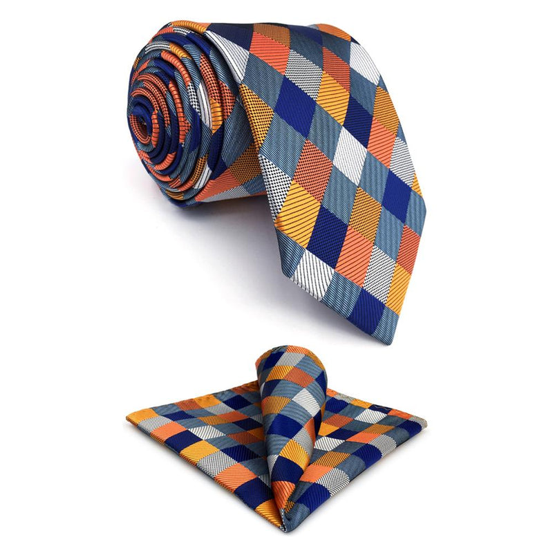 S17 Checked Multicolor Ties for Men Pocket Square Set Gift Party Necktie Silk 63&quot; 6cm  Extra Long Wedding