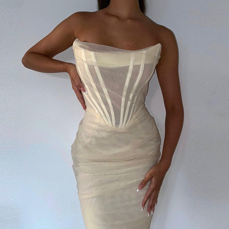 Cryptographic Elegant Corset Bustier Bone Ruched Mesh Midi Dresses Party Night Club Sexy Backless Strapless Dress Bodycon