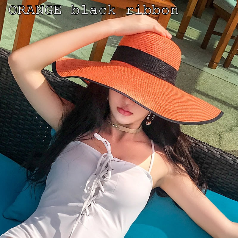 K60 Women Hat Beach Big Brim Straw Seaside Sun Hat Travel Women Panama Sun Protection Felt hat UPF 50+ Sun Visor