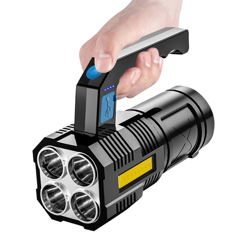 High Power Four-cell LED Flashlight USB Rechargeable Powerful COB Searchlight Camping Super Bright Spotlight Cycling Light