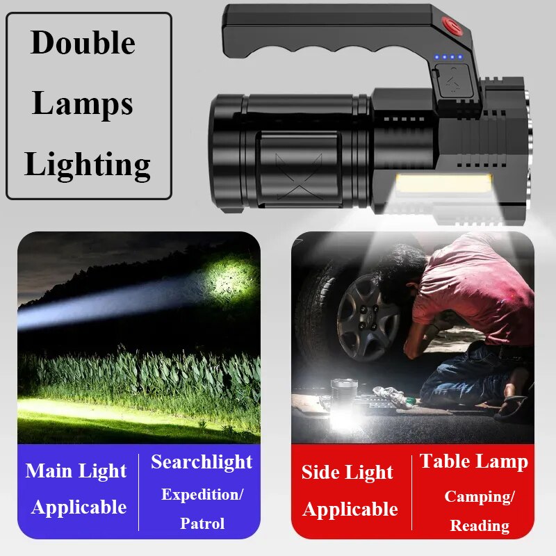 High Power Four-cell LED Flashlight USB Rechargeable Powerful COB Searchlight Camping Super Bright Spotlight Cycling Light