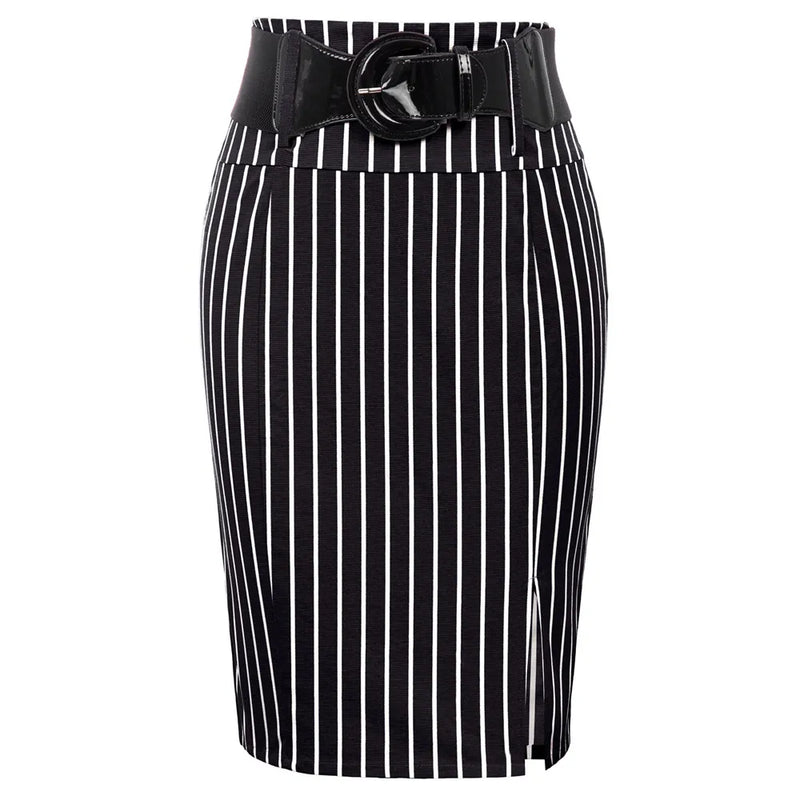Women Pinstripe skirts High Waist Belt Hips-wrapped knee vintage slim elegant office lady business work Bodycon Pencil Skirt NEW