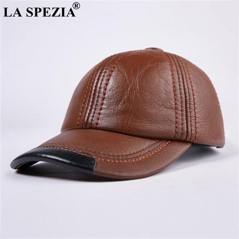 LA SPEZIA Genuine Leather Baseball Cap Men Black Cowhide Hat Snapback Male Adjustable Real Leather Peaked Hats