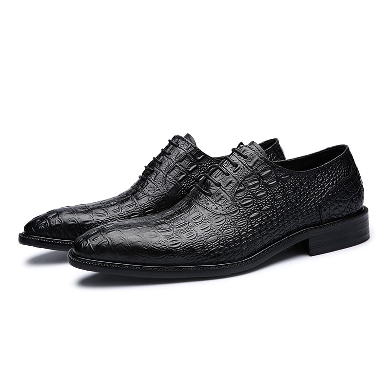 Alligator Style Mens Wedding  Shoes Lace Up Oxford Genuine Leather Crocodile Print Party Business Brown Dress Shoes for Men