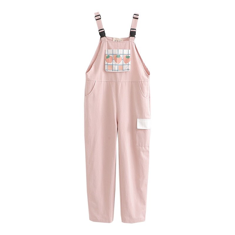 Harajuku Kawaii Cargo Pants Women Sweet Plaid Strawberry Print Casual Trousers Female Pink Overalls Girls Cute Vintage Jumpsuit