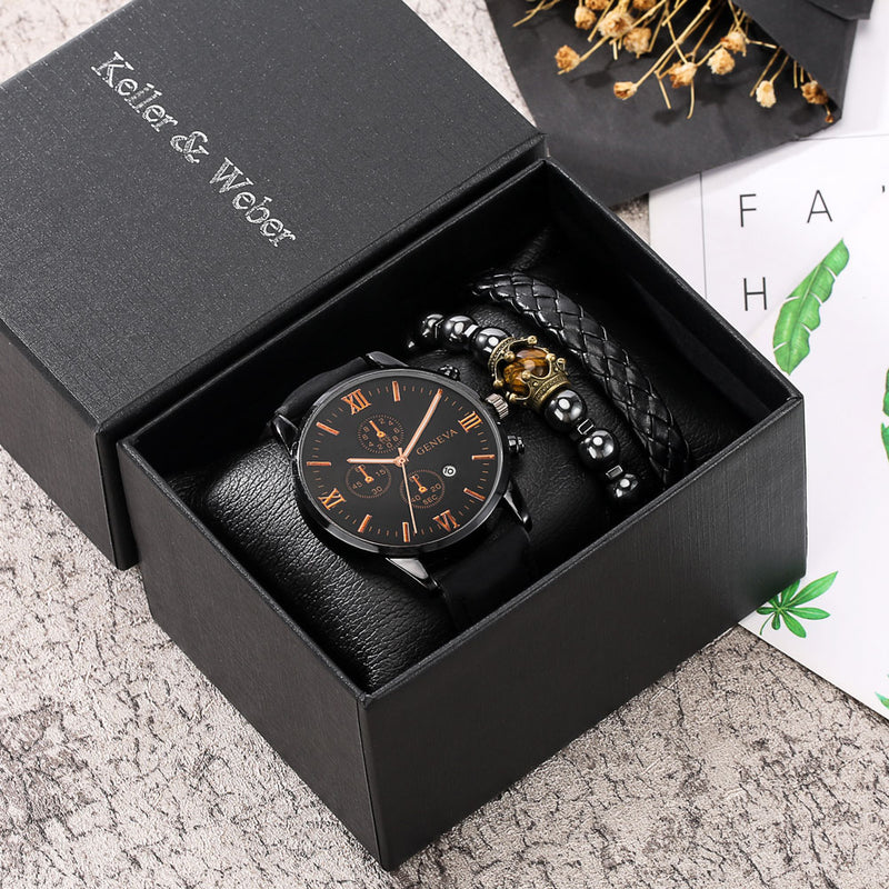 Personality Men Watch Bracelets Gift Set Luxury Leather Quartz Date Watches with Box for Boyfriend Gifts Idea for Father&