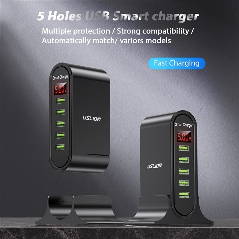 USLION 5 Port USB Charger For Xiaomi LED Display Multi USB Charging Station Universal Phone Desktop Wall Home EU US UK Plug