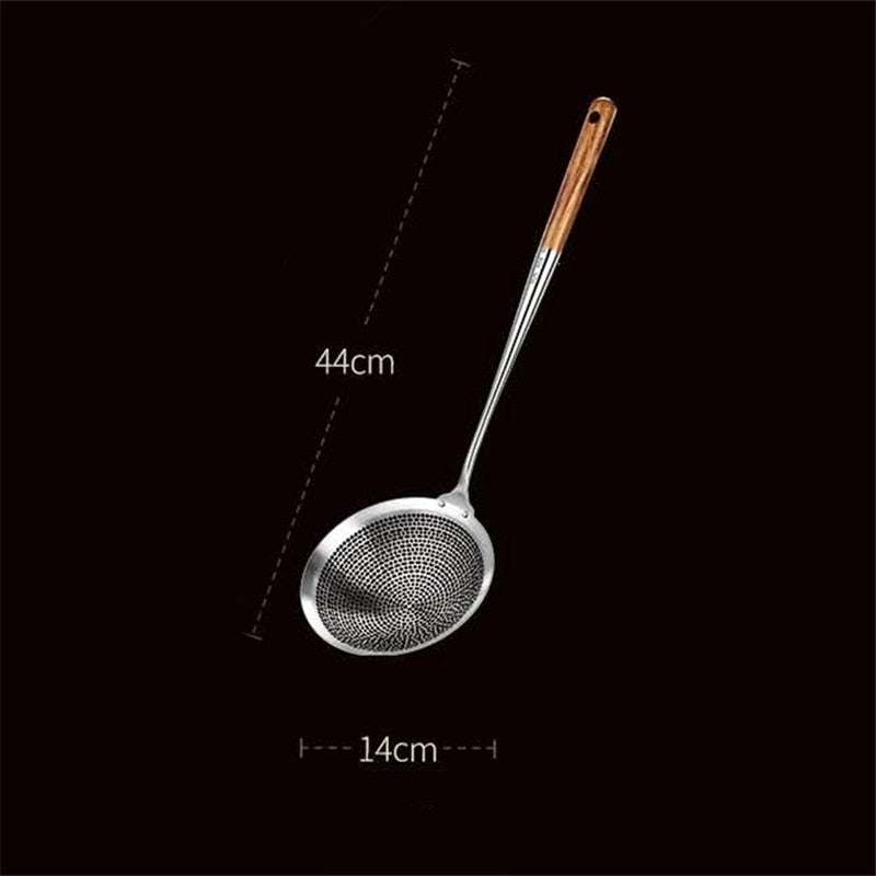 Stainless Steel Colander Strainer Soup Spoon Hot Pot Oil Filter Skimmer Mesh Long Wooden Handle Kitchen Sieves Scoop Tableware