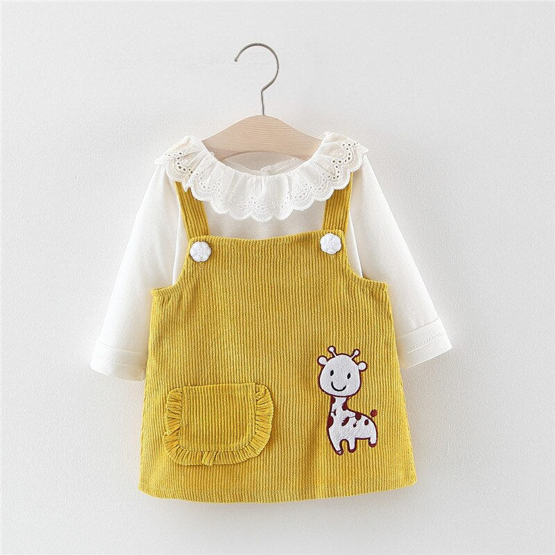 Humor Bear Girls Children's Clothing Doll Collar Long Sleeve +Strap Dress  2Pcs Suit Baby Kids Clothing Suit