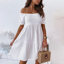 Women Sexy Backless Midi Dress Fashion Lady Slash Neck White Puff Sleeve Big Swing Party Beach Dresses Casual Robe