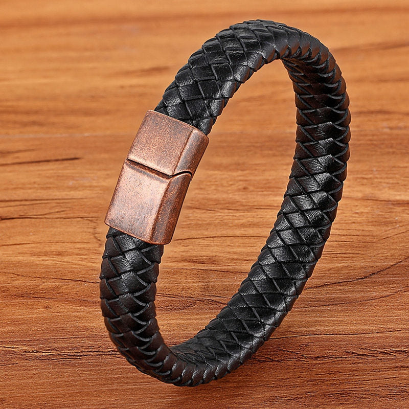 TYO Fashion Stainless Steel Charm Magnetic Black Men Bracelet Leather Genuine Braided Punk Rock Bangles Jewelry Accessories