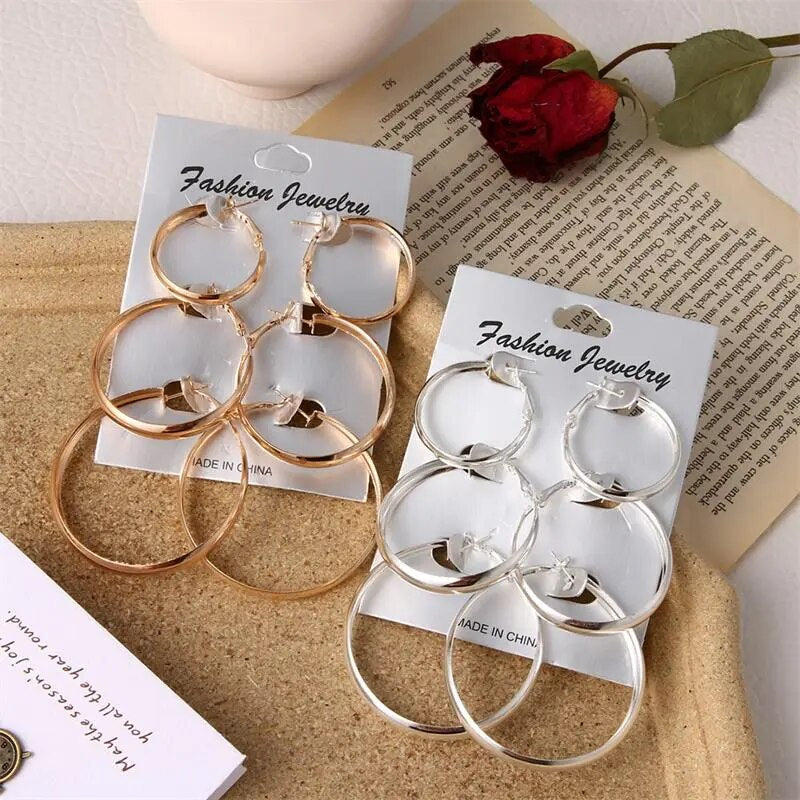 FNIO Statement Gold Color Big Bamboo Circle Hoop Earrings For Women Hip Hop Earrings set Classic Jewelry 3pcs/set