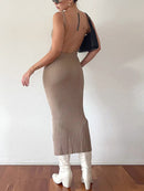 Women Sling Print Long Dress Female Fashion Boho V Neck Hollow Out Sleeveless Ruffle Hem Split Maxi Sundress