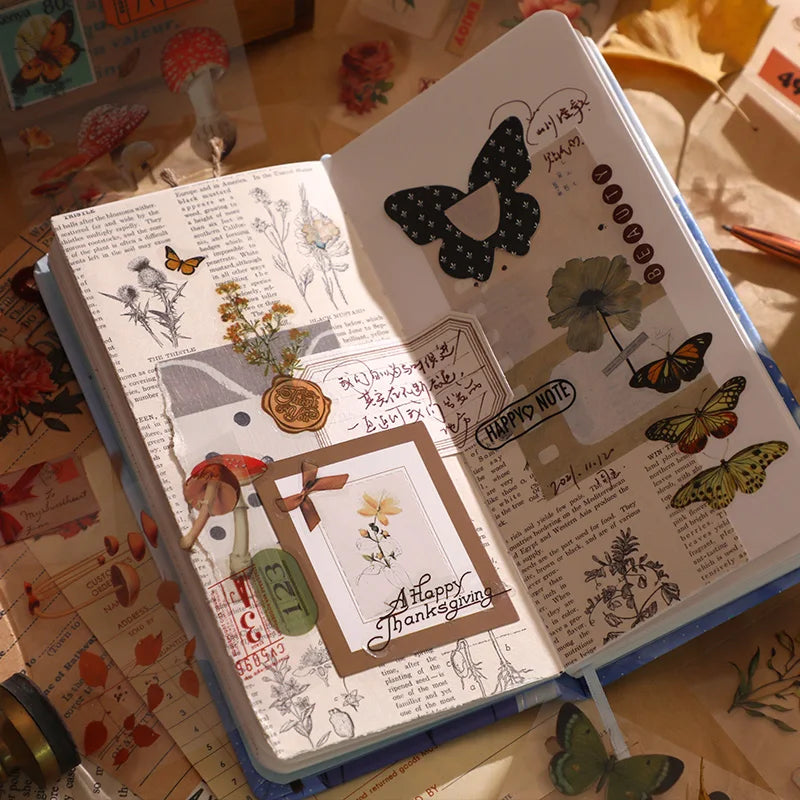 Mr. Paper 100 Pcs/Set Vintage Butterfly Sticker Gift Box Aesthetic Flower Mushroom Scrapbooking Decoration Stationery Stickers