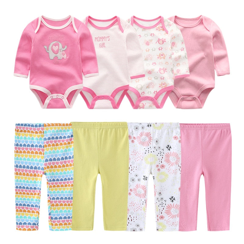 Cotton 6/8PCS Newborn Baby Boy Clothes 0-12M Bodysuits+Pants Boys Baby Clothing Sets Full Sleeve Baby Girl Clothes