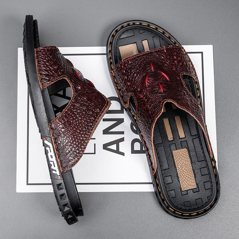 Genuine Leather Men Slippers Crocodile Grain Slip On Slipper Man Shoes For Men Slides Casual