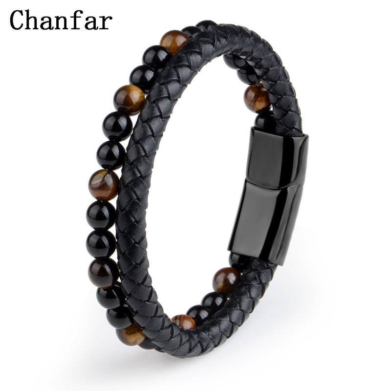Natural Stone Bracelets Genuine Leather Braided Bracelets Black Stainless Steel Magnetic Clasp Tiger eye Bead Bangle Men Jewelry