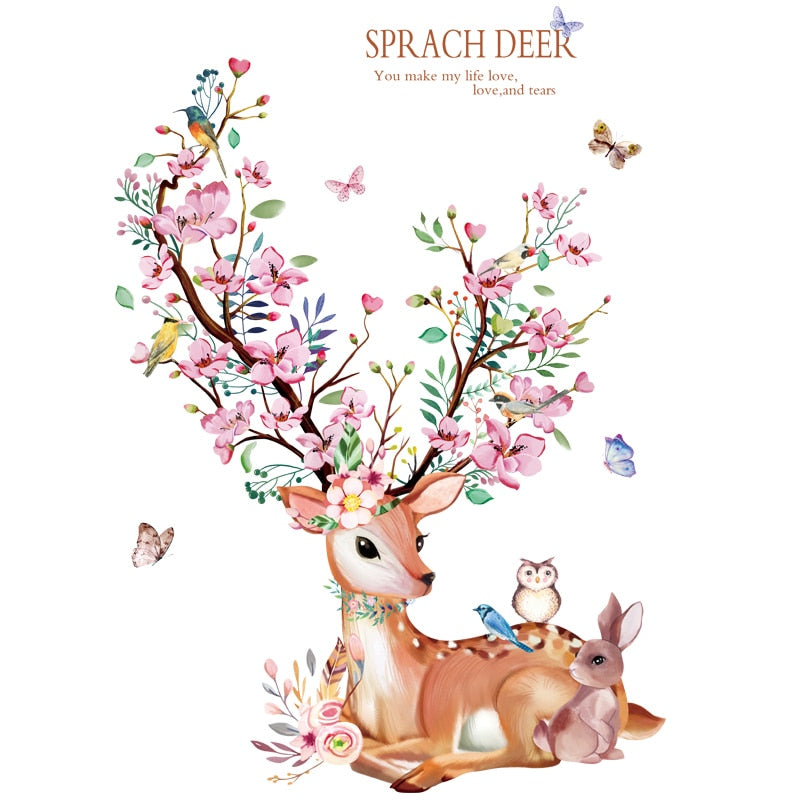 Deer Animal Wall Stickers Decor DIY Flowers Plants Wall Decals for Kids Rooms Baby Bedroom Kindergarten Nursery Home Decoration