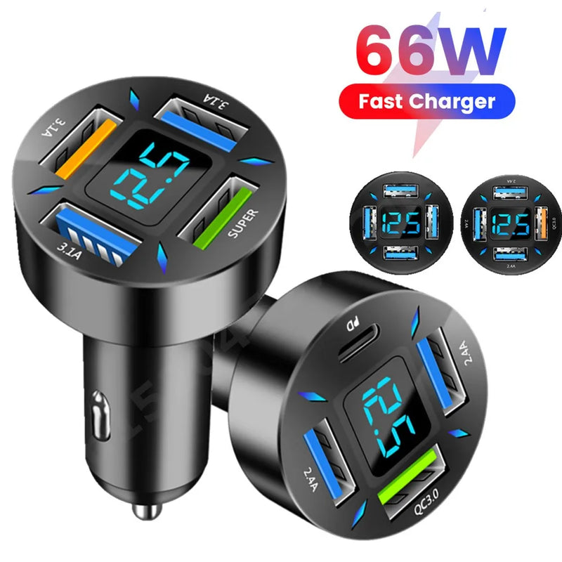 66W Car Charger USB Type C Fast Charging Car Phone Adapter for iPhone 13 12 Xiaomi Huawei Samsung S21 S22 Quick Charge 3.0
