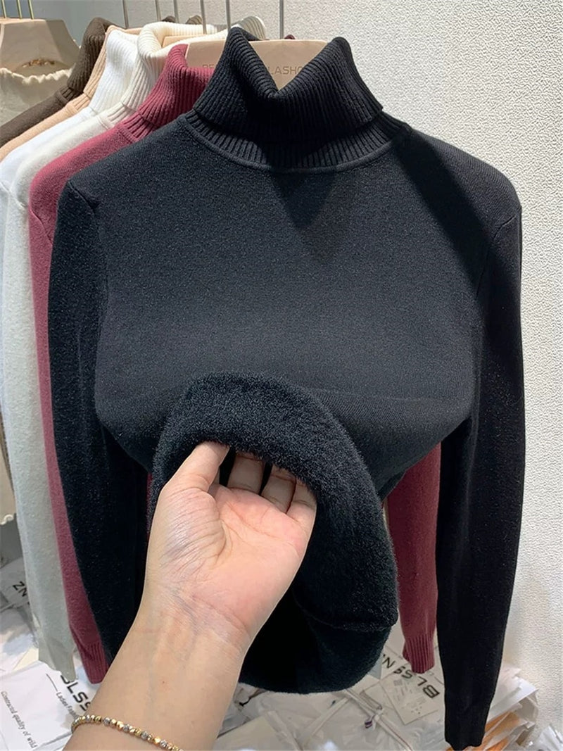 Turtleneck Sweater Women Elegant Thicken Velvet Lined Warm Sueter Knitted Pullover Slim Tops Jersey Knitwear Jumper New