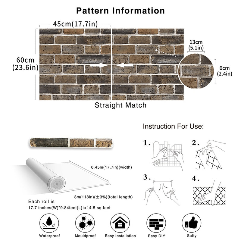 Faux Flat 3D Brick Peel And Stick Wallpaper Removable Brown/Black/White Vinyl Self Adhesive Wall Stickers For Wall Decoration