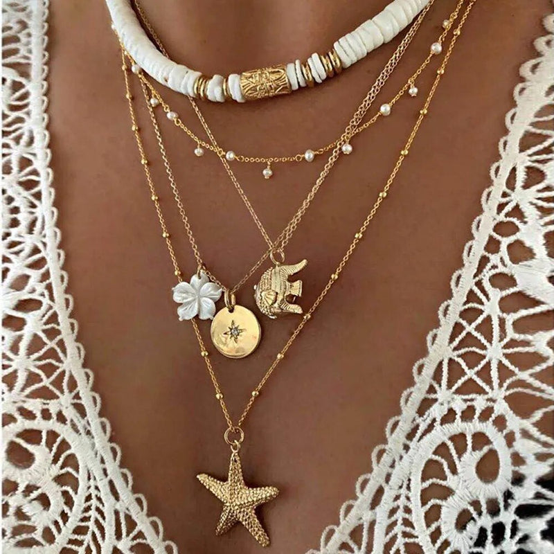 Fashion New Bohemia Soft Clay Shell Star Sun Pendant Chain Layered Nec