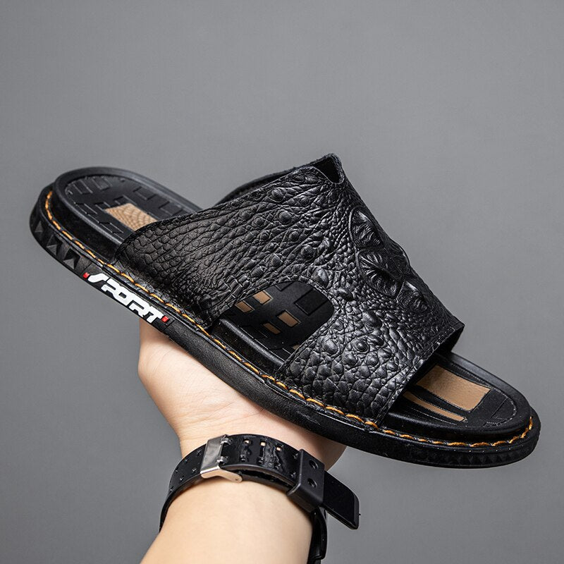 Genuine Leather Men Slippers Crocodile Grain Slip On Slipper Man Shoes For Men Slides Casual