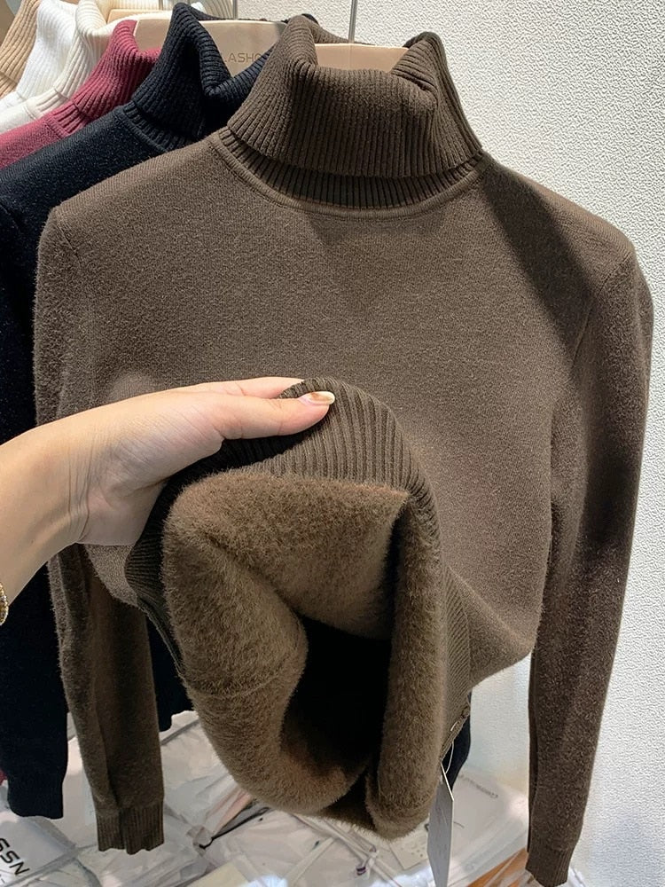 Turtleneck Sweater Women Elegant Thicken Velvet Lined Warm Sueter Knitted Pullover Slim Tops Jersey Knitwear Jumper New