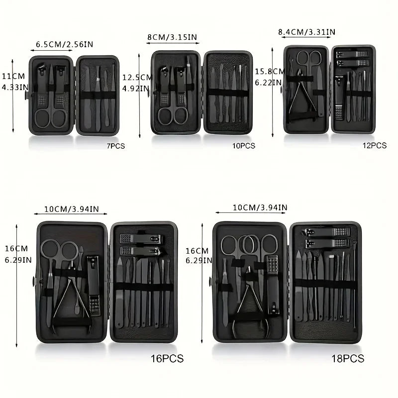 7/10/12 Pcs Classic Black Manicure Set Hand Feet Facial Stainless Steel Accessories, All Black Nail Clippers