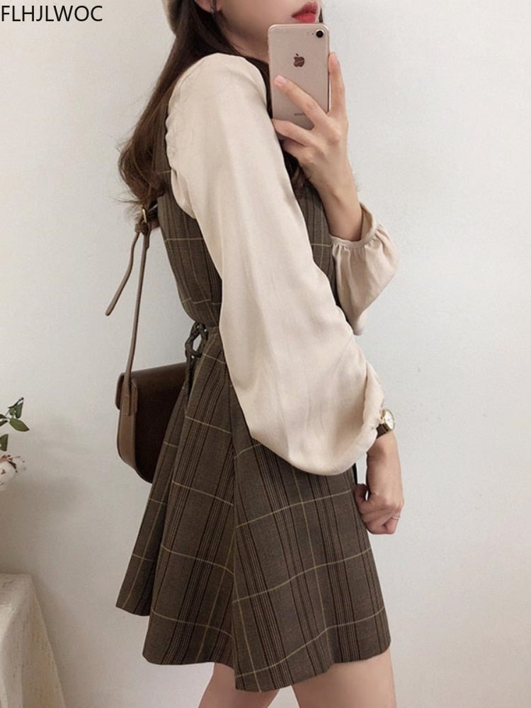 Cute Mini New Year Date Dresses Sleeveless Vest Women Korea Japanese Style Design Retro Vintage Plaid Button Shirt Dress 11021