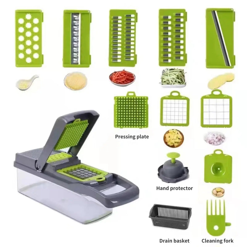 1Pc Green Black 12 in 1 Multifunctional Vegetable Slicer Cutter Shredders Slicer With Basket Fruit Potato Chopper Carrot Grater