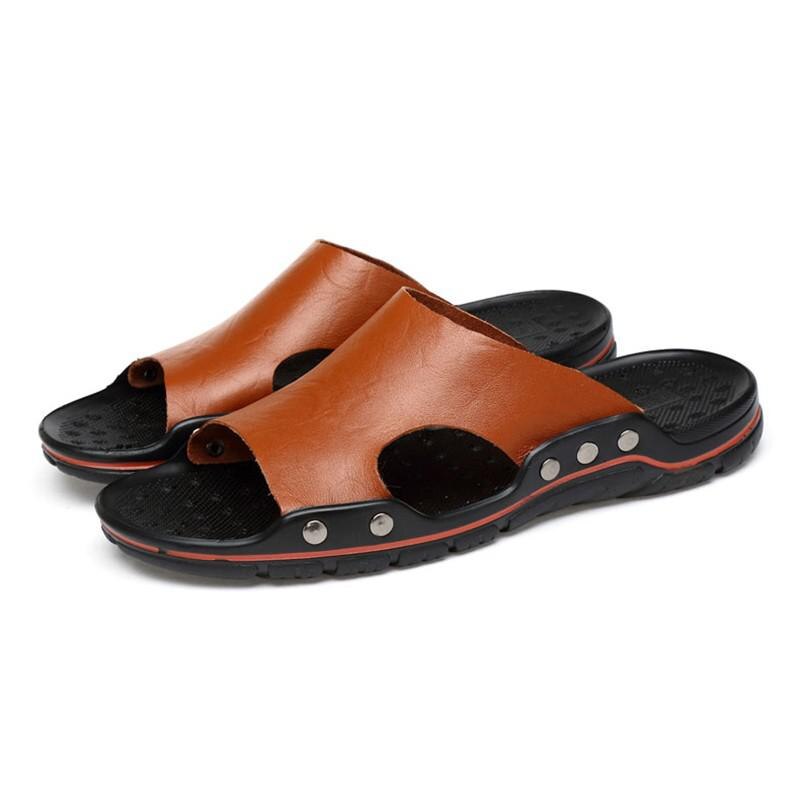 Mens Slippers Outdoor Genuine Leather Slides for Men Couple Non-slip Women Home Fashion Casual Single Shoes Large Size