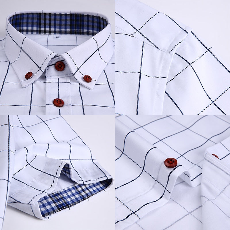 BROWON Men's Shirts Short Sleeve Plaid Shirt Slim Casual Button Up Shirt Dress Shirts Men Cotton Big Size Men Clothing