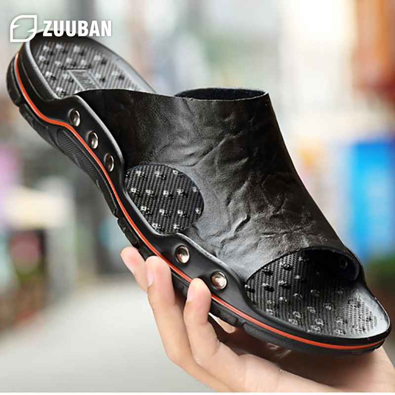 Mens Slippers Outdoor Genuine Leather Slides for Men Couple Non-slip Women Home Fashion Casual Single Shoes Large Size