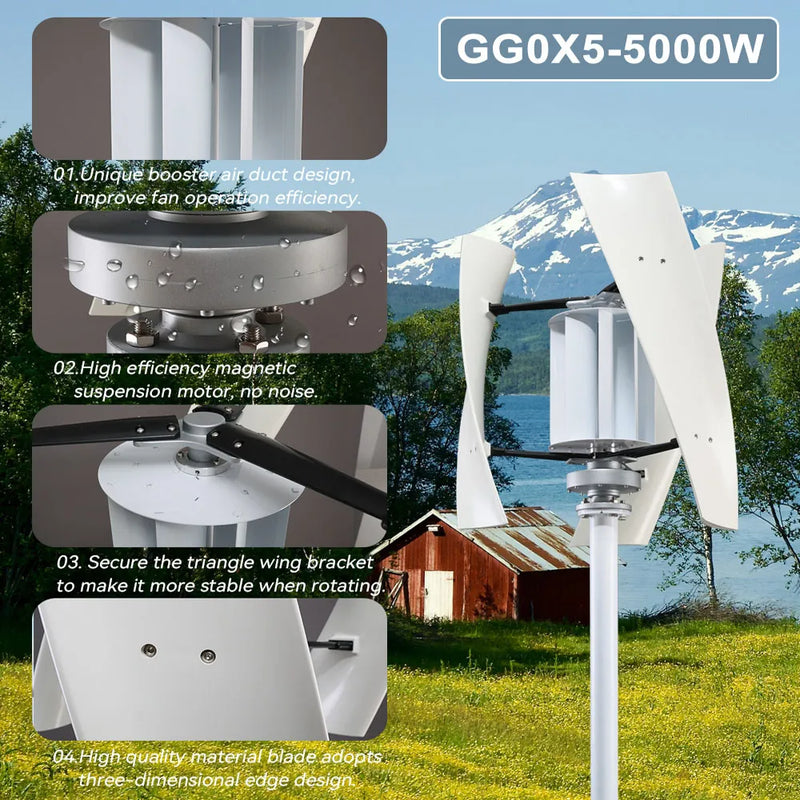 Wind Turbine 5000w 2KW 5KW Vertical Axis Maglev Plant High Voltage Generator 24V 48V With Hybrid Charge Controller For Home Use