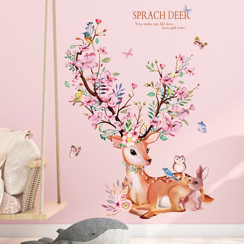 Deer Animal Wall Stickers Decor DIY Flowers Plants Wall Decals for Kids Rooms Baby Bedroom Kindergarten Nursery Home Decoration