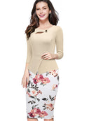 Nice-forever Print Floral Patchwork Button Casual Dress Business Three Quarter Zip Back Bodycon Office Dress b288