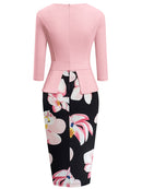 Nice-forever Print Floral Patchwork Button Casual Dress Business Three Quarter Zip Back Bodycon Office Dress b288