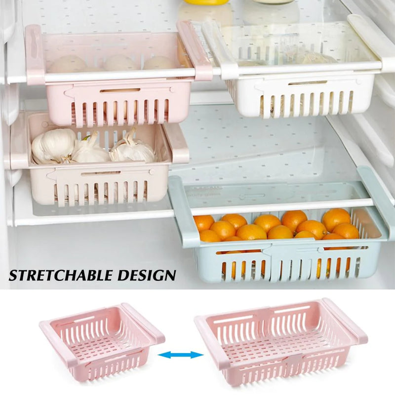 Adjustable Stretchable Refrigerator Storage Rack Kitchen Fridge Freezer Shelf Holder Pull-Out Drawer Organizer Basket Multicolor