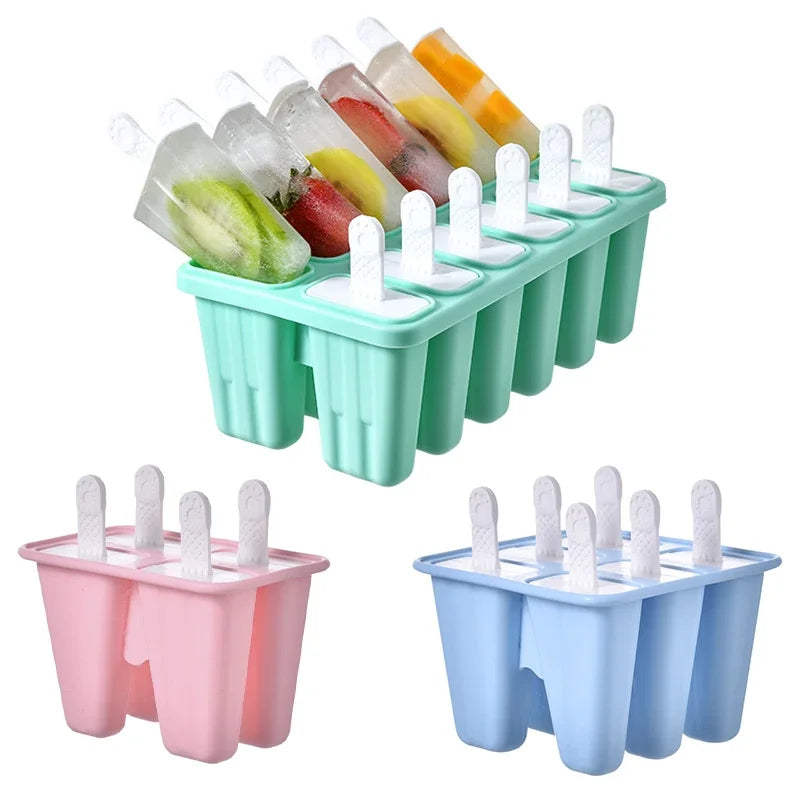 4/6/10 Hole Silicone Ice Cream Mold with Reusable Sticks Chocolate Dessert Popsicle Moulds Tray DIY Ice Cube Maker Tools