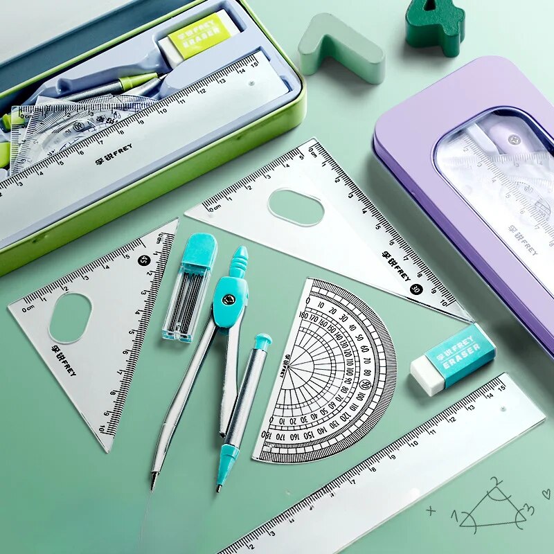 7pc/Set Rulers Geometry Maths Drawing Tool Stationery Rulers Drafting Supplies Kids Ruler Compass with Metal Box School Supplies