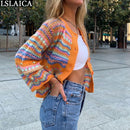 Cardigan Top Women Long Sleeve Single Button Decorated Slim Rainbow Striped Patchwork Women Sweater Fashion