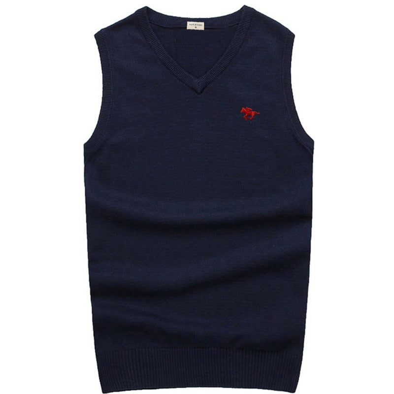 High-quality Pony Vests V-neck Knitted Sweaters Casual Men Sweaters Pullover Slim Fit 100%Cotton Solid Pullover Plus Size