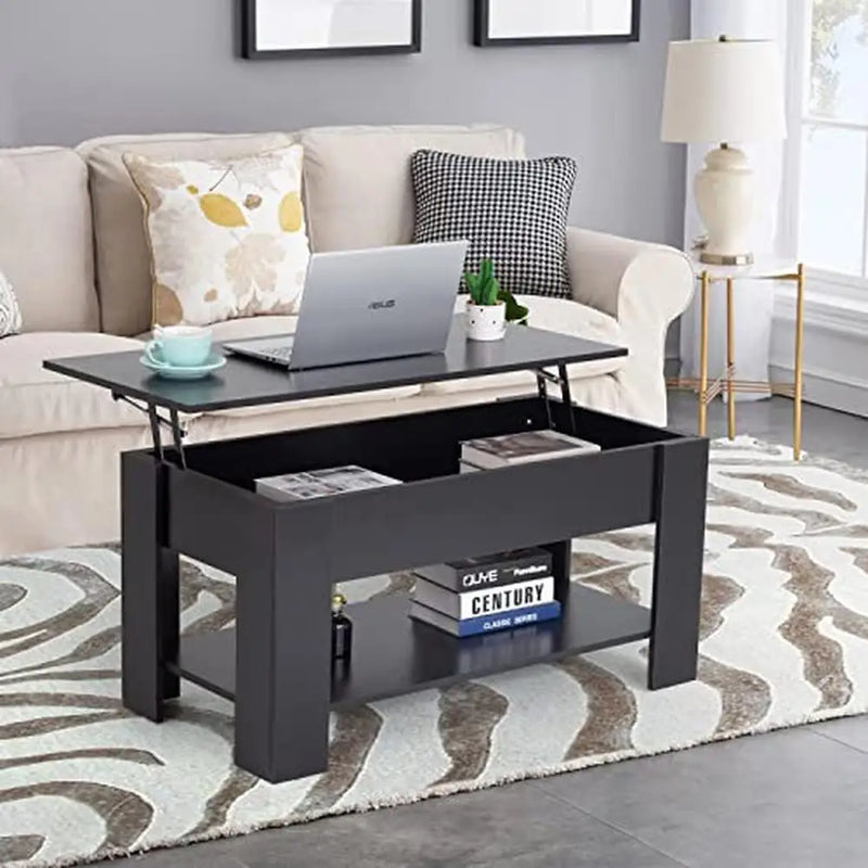 Modern Lift Top Coffee Table Hidden Compartment Storage Shelf Wooden Living Room Office P2 MDF 39"x28"x24" Black