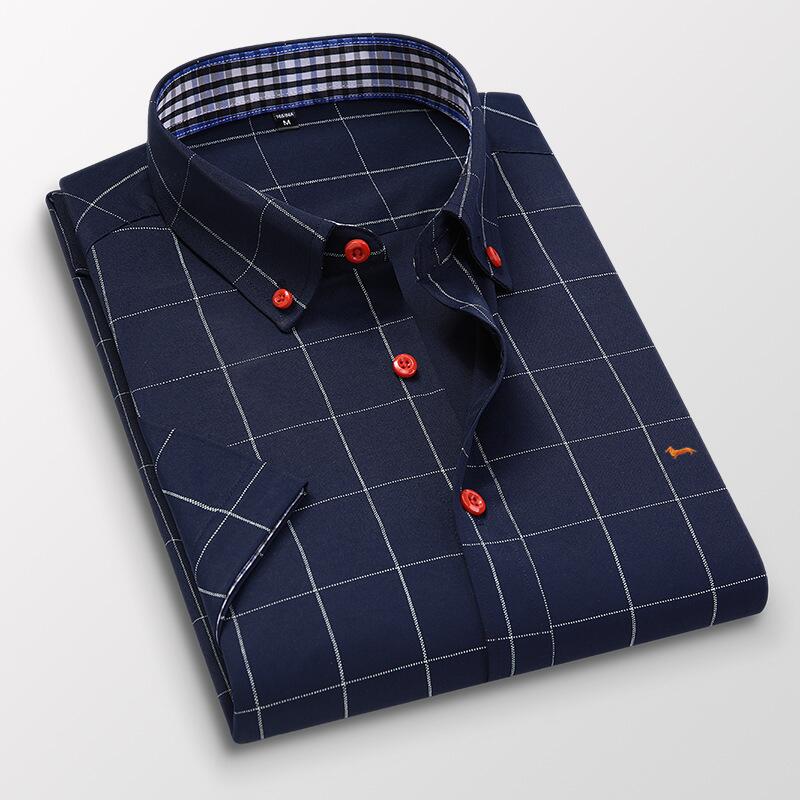 Men Casual Business Harmont Blouses Short Sleeve 100%Cotton Soft Plaid Slim Fit Men's Shirt Embroidery Blaine