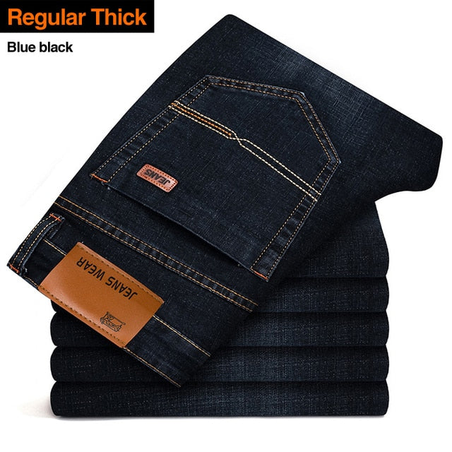 Men's Fashion Business Jeans Classic Style Casual Stretch Slim Jean Pants Male Brand Denim Trousers Black Blue