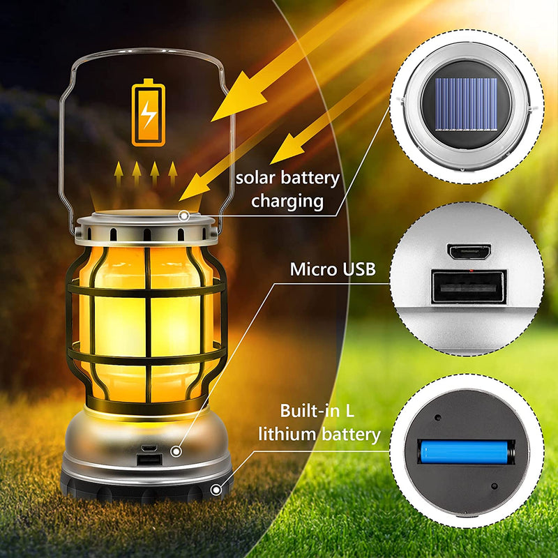 Solar Lantern Waterproof Camping Lantern Rechargeable Camping Light with Emergency Power Bank Flickering Flame Hanging LED Light